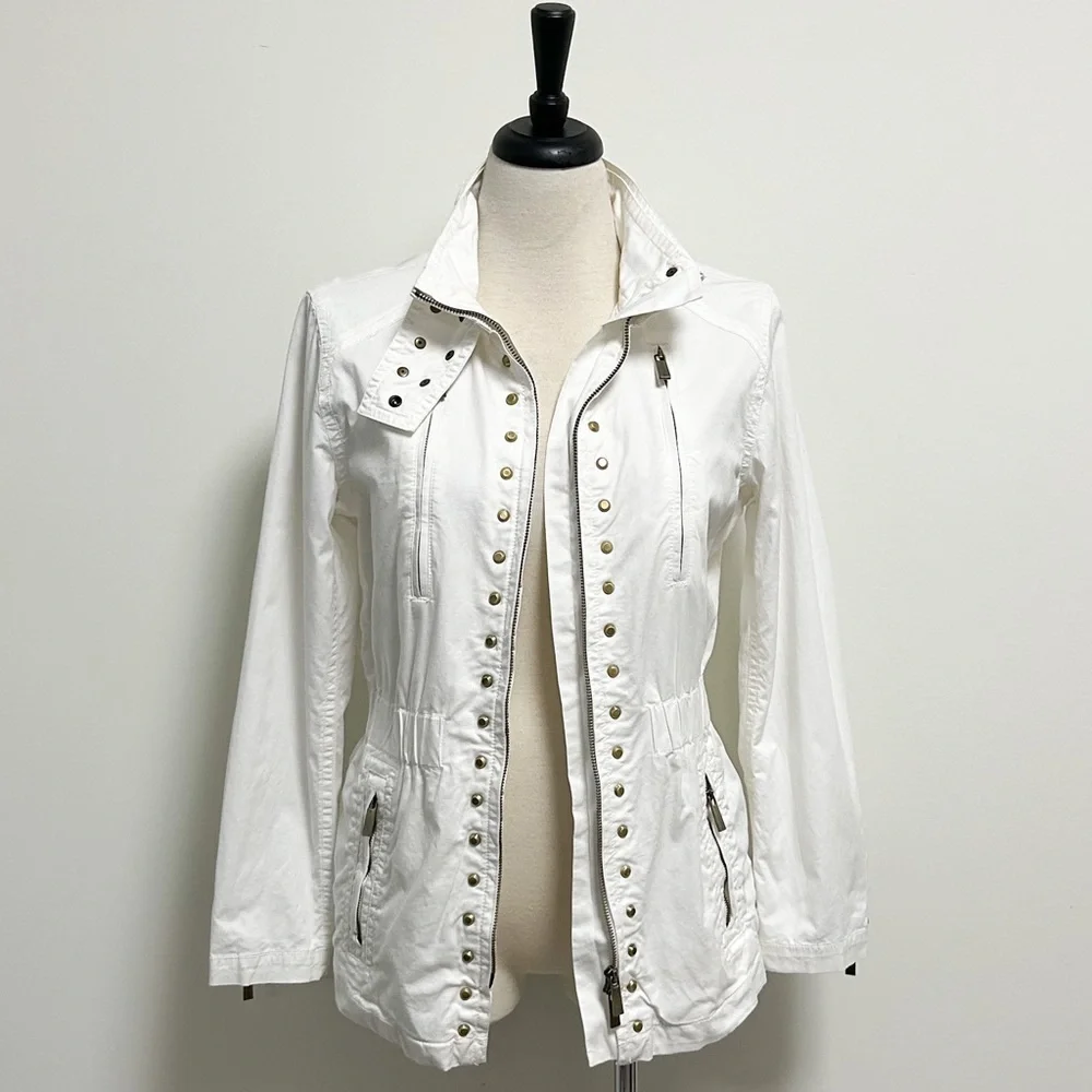 Michael Kors MK White Gold Tone Studded Zip Up Elastic Waistband Jacket Medium - Picture 2 of 12